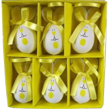 Komplet 6 jajek zajączków do zawieszenia w boksie w kolorze żółtym