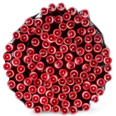 Komplet 100 Czerwonych Lampek Choinkowych LED z Programatorem 8 Funkcji, Zastosowanie Wewnętrzne i Zewnętrzne, Europejskie Standardy Bezpieczeństwa, IP44, Długość 5m, Zasilanie 230~50Hz max 3.6w.