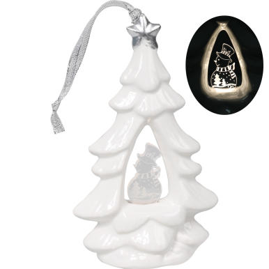 Choinka ceramiczna z podświetlanym bałwankiem LED, biała, 15 cm.