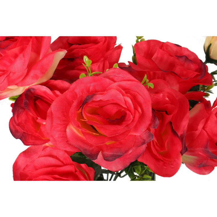 Bukiet 10 róż w kolorze cieniowanym czerwonym z dodatkiem bukszpanu