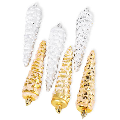 Komplet 6 bombek plastikowych szyszek w kolorze złotym i srebrnym