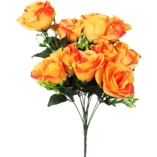 Bukiet 10 róż w kolorze cieniowanym pomarańczowym z dodatkiem bukszpanu
