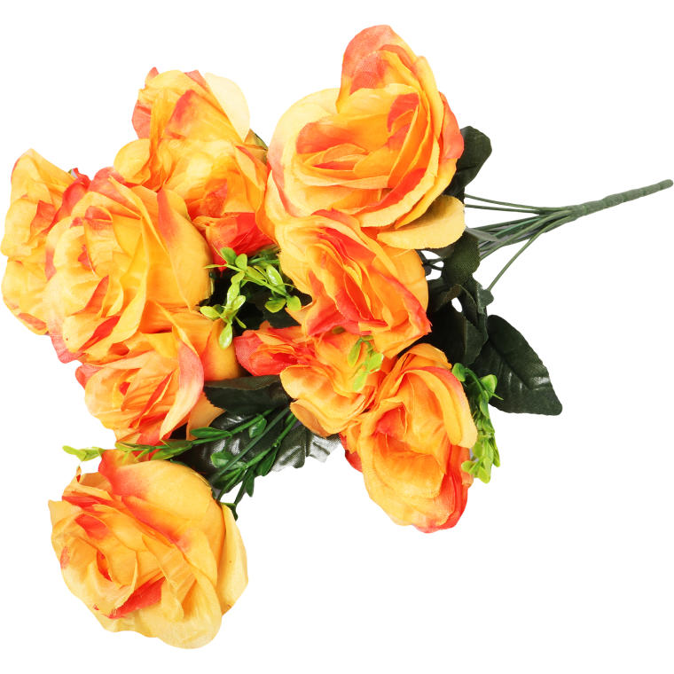 Bukiet 10 róż w kolorze cieniowanym pomarańczowym z dodatkiem bukszpanu