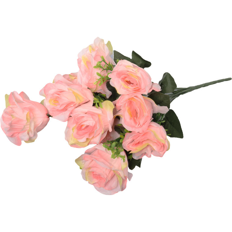 Bukiet 10 róż w kolorze cieniowanym łososiowym z dodatkiem bukszpanu