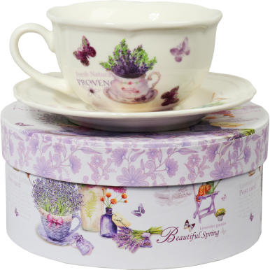 Komplet ceramiczny filiżanka z talerzykiem w kwiecistym wzorze w prezentowym kartoniku