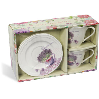 Zestaw 2 filiżanek i 2 talerzyków ceramicznych z kwiecistym wzorem w prezentowym opakowaniu