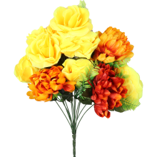 Bukiet sztucznych kwiatów mix róży i chryzantemy w kolorze pomarańczowo-żółtym 50 cm
