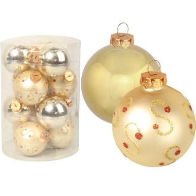 Komplet 12 bombek szklanych mix w kolorze złotym z dekorem