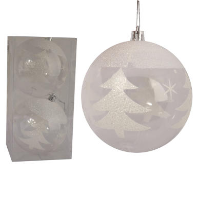 Komplet 2 Przeźroczystych Bombek z Białą Dekoracją, 10cm