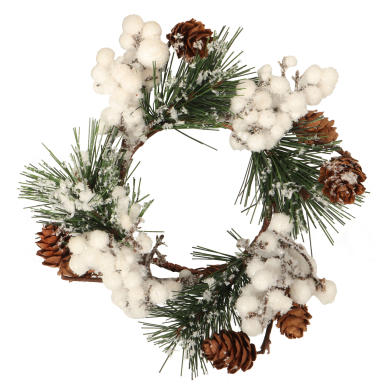 Wianek ośnieżony z białymi kulkami i szyszkami 13 cm.