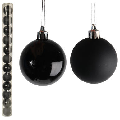 Komplet 12 Czarnych Bombek Plastikowych w Tubie - Mat i Połysk 7cm