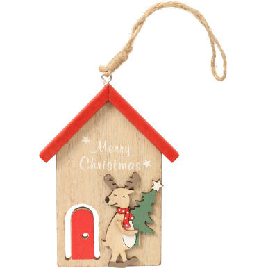 Drewniana Zawieszka Świąteczna - Domek z Reniferem w Kolorze Czerwonym