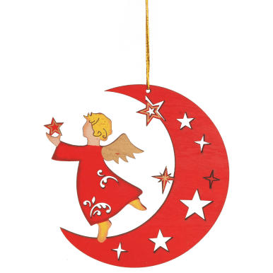 Czerwona Drewniana Zawieszka Świąteczna - Anioł na Księżycu