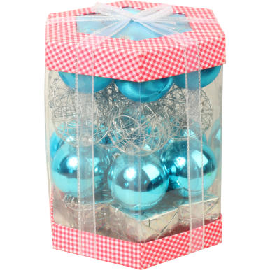 Komplet 28 Zawieszek na Choinkę Mix: Bombki Jedwabne, Kule Druciane, Prezenciki, Bombki Plastikowe w Kolorze Turkusowo-Srebrnym