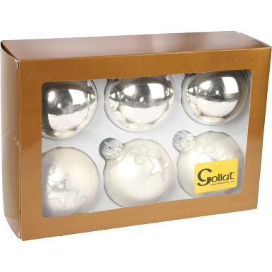 Komplet 6 Srebrnych Bombek Szklanych - Mix Połysk i Mat z Brokatowym Dekorem, 8 cm