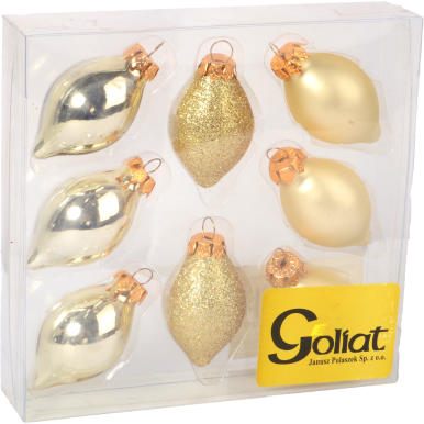 Komplet 8 bombek szklanych podłużnych w kolorze złotym