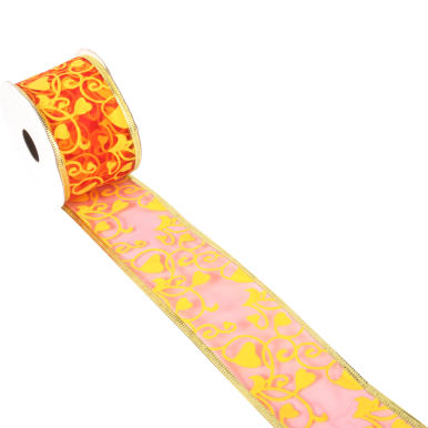 Świąteczna wstążka dekoracyjna w kolorze pomarańczowym z żółtym wzorem i złotym obrzeżem 5 cm x 2,7 m