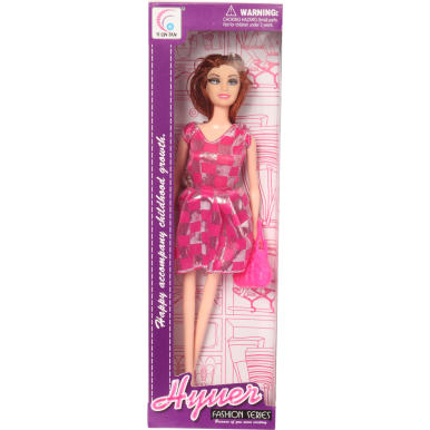 Lalka w różowo-srebrnej sukience w kratę z różową torebką