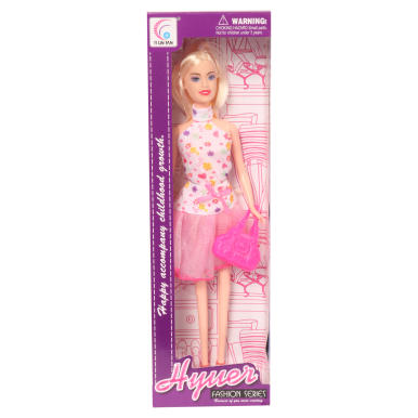 Lalka w kolorowej bluzce, różowej tiulowej spódniczce i z różową torebką