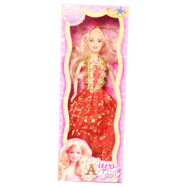 Elegancka Lalka Prezentowa w Czerwono-Złotej Sukience