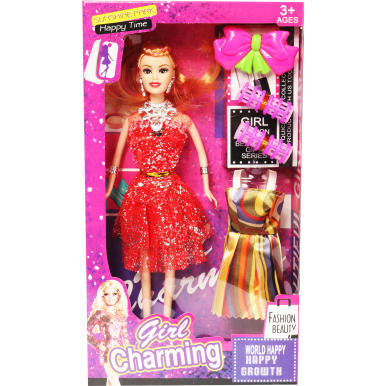 Lalka w czerwono-srebrnej błyszczącej sukience