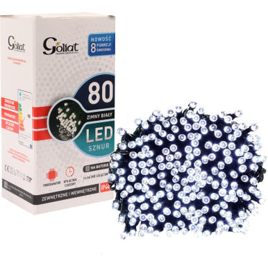 Lampki choinkowe LED z programatorem i wyłącznikiem czasowym, zimny biały, na baterie 3XAA (baterie nie załączone), 80 sztuk.