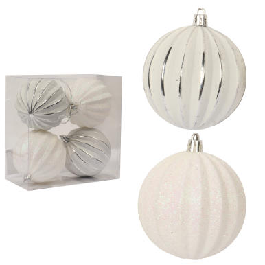 Komplet 4 Białych Bombek Plastikowych: 2 Posrebrzane, 2 Brokatowe - Wielkość 8 cm