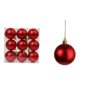 Komplet 9 Czerwonych Bombek Plastikowych o Wielkości 6 cm