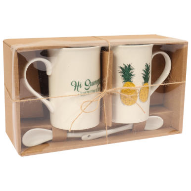 Zestaw Prezentowy: 2 Ceramiczne Kubki z Łyżeczkami - Motyw Ananasów Summer