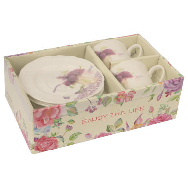 Zestaw 2 filiżanek i 2 talerzyków ceramicznych z bzem w prezentowym opakowaniu