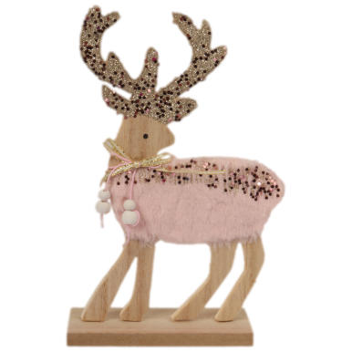 Figurka Drewnianego Renifera z Różowym Futerkiem i Cekinami 13x4x22.5 cm