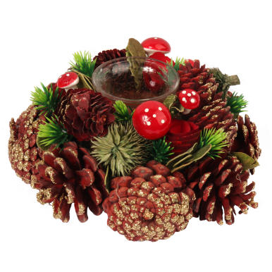 Świecznik-Wianek z Naturalnymi Szyszkami i Drewnem 28 cm ze Szklanym Pojemnikiem na Świeczkę