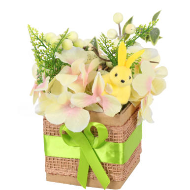 Stroik Wielkanocny z Żółtym Zajączkiem na Podstawie w Kształcie Flower Box