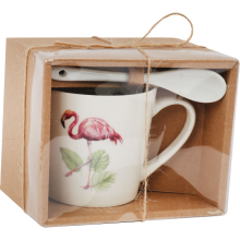 Zestaw prezentowy kubek i łyżeczka ceramiczna we flamingi z liśćmi