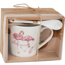 Zestaw prezentowy kubek i łyżeczka ceramiczna z flamingami "Balance"