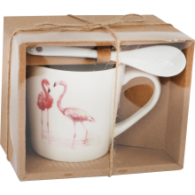 Zestaw prezentowy kubek i łyżeczka ceramiczna ze stojącymi flamingami