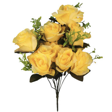 Bukiet 10 r&oacute;ż w kolorze cieniowanym ż&oacute;łtym z dodatkiem bukszpanu