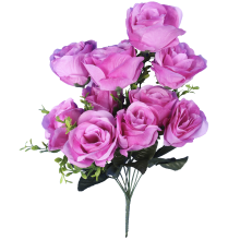 Bukiet 10 sztucznych kwiatów róż w kolorze fioletowym z dodatkiem bukszpanu