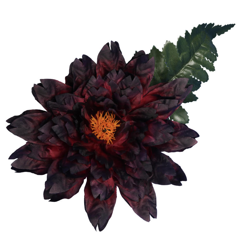Bukiet sztucznych kwiatów 7 dalii z dodatkiem liści paproci w kolorze bordowym