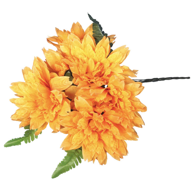 Bukiet sztucznych kwiatów 7 dalii z dodatkiem liści paproci w kolorze pomarańczowym