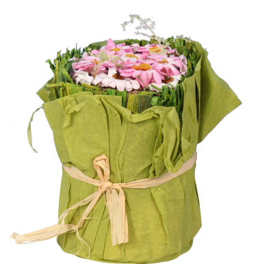 ZIELONA KOMPOZYCJA Z PAPIEROWYMI RÓŻOWYMI KWIATAMI 12CM