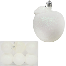 Zestaw 6 Bombek Bożonarodzeniowych Białe Jabłka z Brokatem, Plastikowych, 6 cm