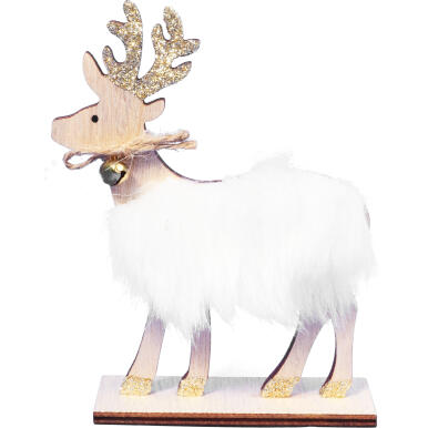 Dekoracyjny Renifer Drewniany z Futerkiem i Bożonarodzeniowym Dzwonkiem