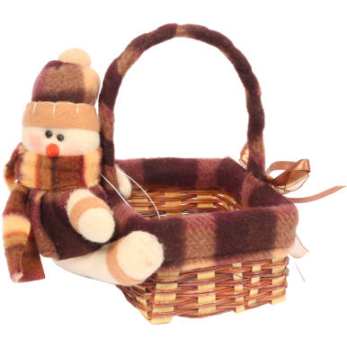 KWADRATOWY KOSZYK ŚWIĄTECZNY Z PLUSZOWYM BAŁWANKIEM 16x17x11 CM, KOLOR BRĄZOWY