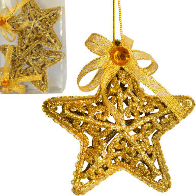 Złote Brokatowe Gwiazdki na Choinkę - Plastikowe Bombki 9 cm - Zestaw 2 sztuk