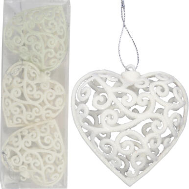 Zestaw 3 plastikowych, ażurowych zawieszek w kształcie serduszek, 8 cm, białe
