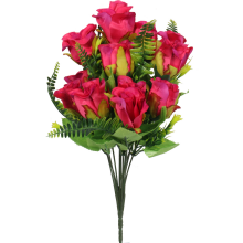 Sztuczny Bukiet 10 Róż w Kolorze Różowym z Paprotkami o Wysokości 40 cm