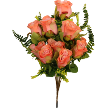 Sztuczny Bukiet 10 Pomarańczowych Róż z Paprotkami - Dekoracja Interiors, 40 cm