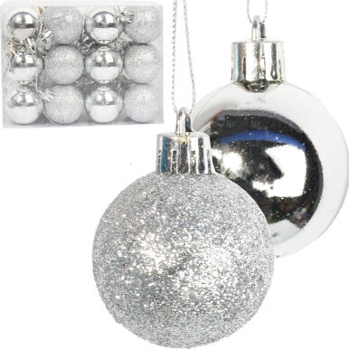 Zestaw 24 Srebrnych Bombek Plastikowych z Połyskiem i Brokatem, 4 cm