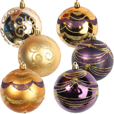 Zestaw 6 Dekorowanych Bombek Plastikowych Złotych o Wysokości 8cm